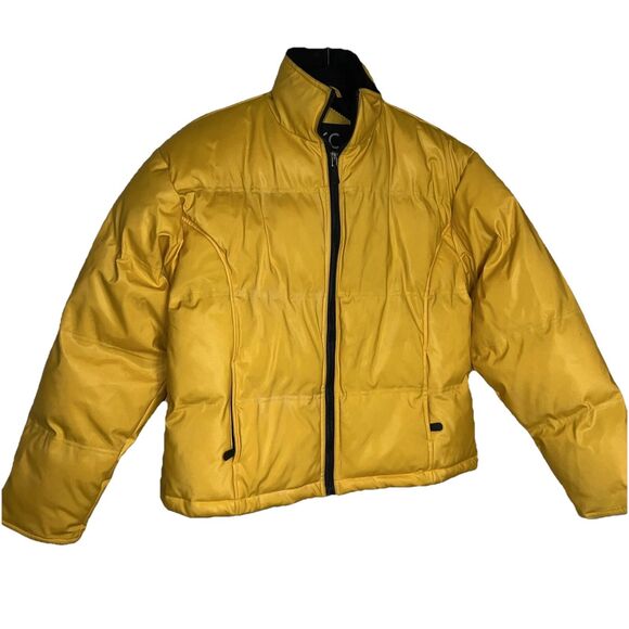 KC Collections Mens Yellow Puffer Jacket Coat Zip Pockets Medium Black Lining - Picture 1 of 16